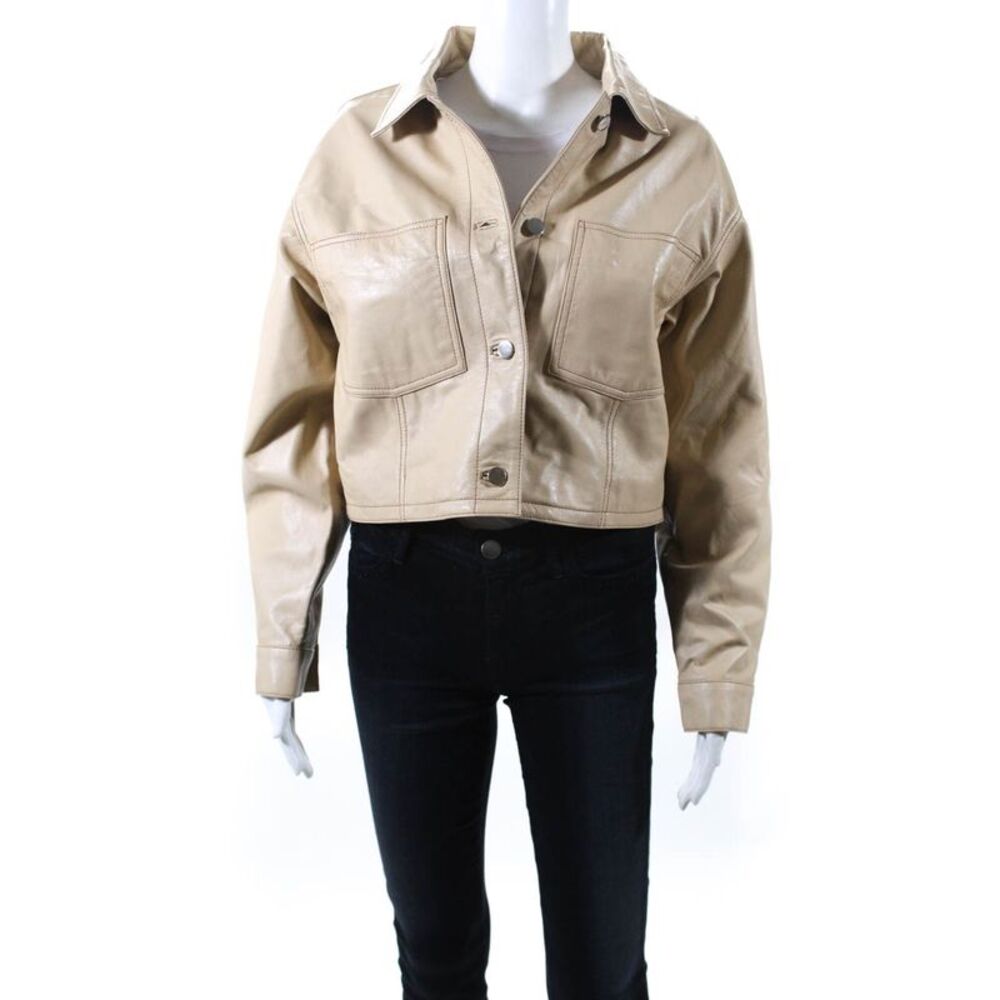 Topshop Womens Leather Crew Neck Button Down Jacket Beige Size 8-10 LL19LL